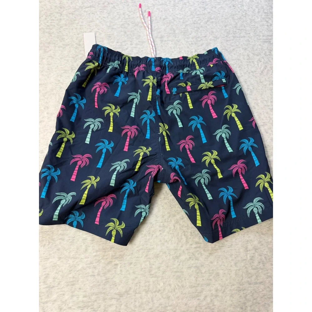 Mens Resort Swim Trunk Navy‎ Blue Neon Palm Tree Print Elastic Waist NWT Small